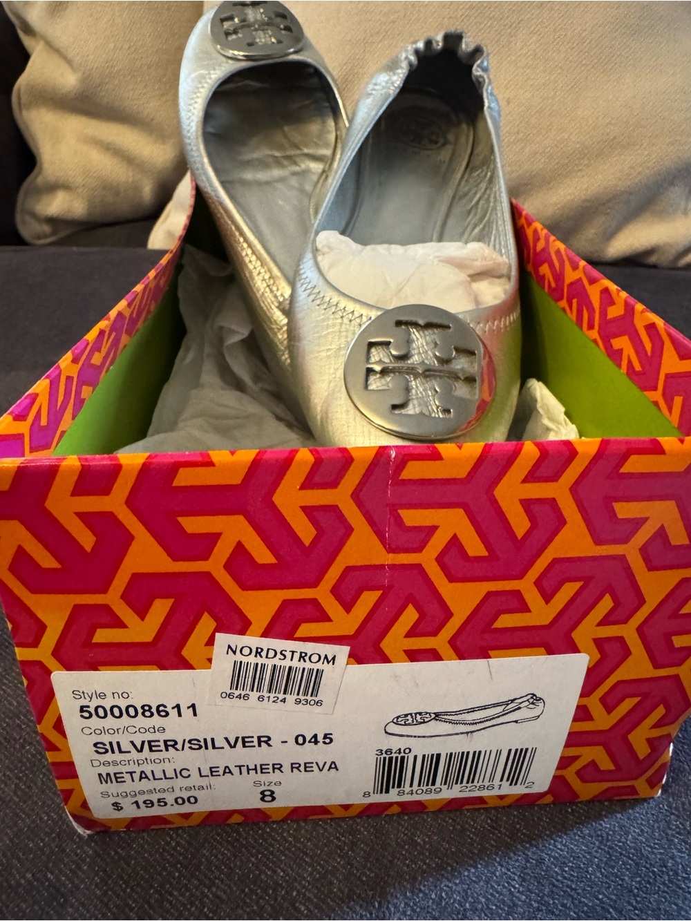 Tory Burch Silver Metallic Reva Ballet Flats with Logo Medallion